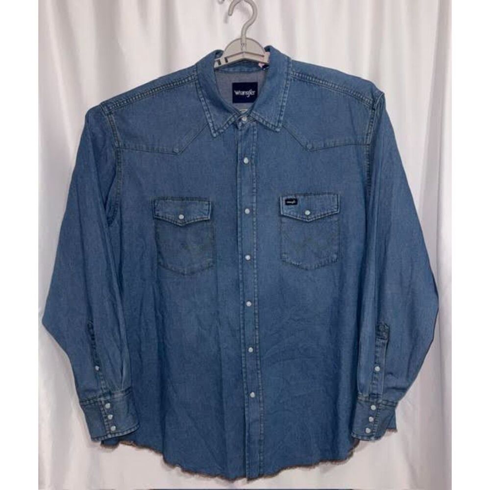 Vintage Style Wrangler Men’s Long Sleeve Denim Western Pearl Snap Shirt Blue XXL